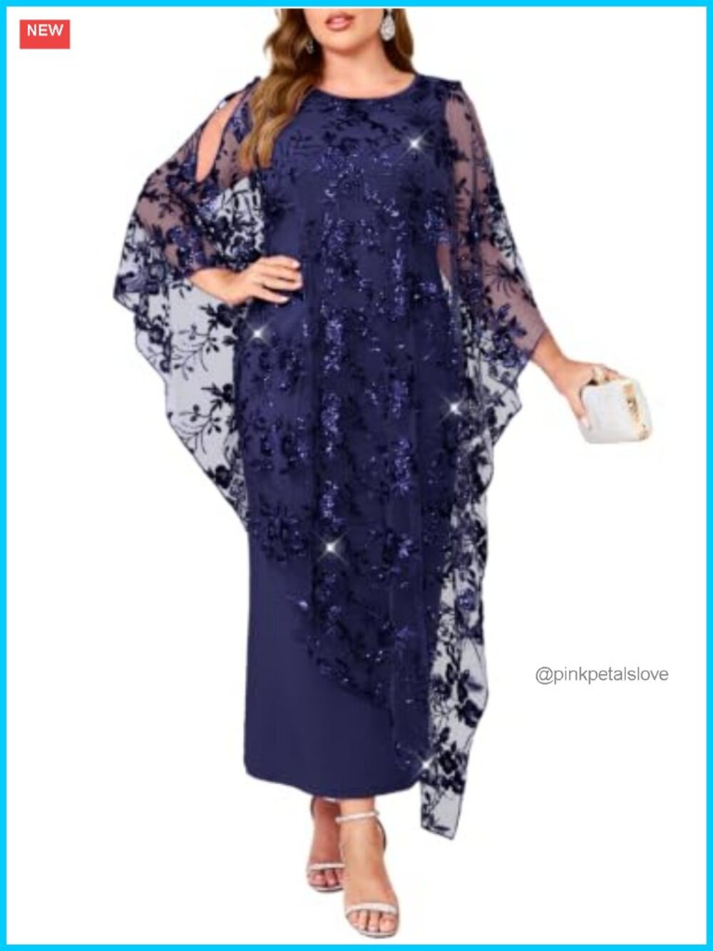 Plus Size Sequin Floral Evening Gown Maxi Dress with Cape